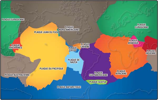 Carte couleur du monde illustrant lemboîtement des plaques terrestres les unes avec les autres 
