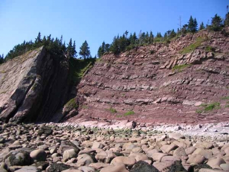 Colour photograph of rocky beach, red rock cliffs and trees Colour photograph of rocky beach, red rock cliffs and trees