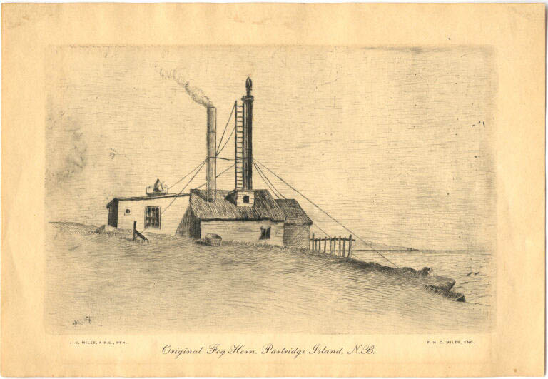 Black and white print of bulding with smoke stack and pole with horn on roof